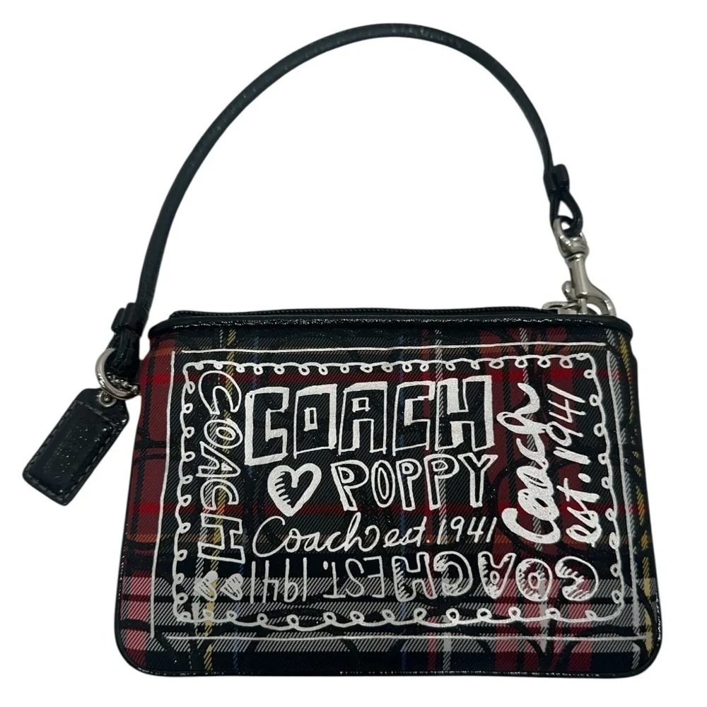 Coach Poppy Tartan Plaid Wristlet Black Red  Graffiti Patent Leather Y2K Vintage